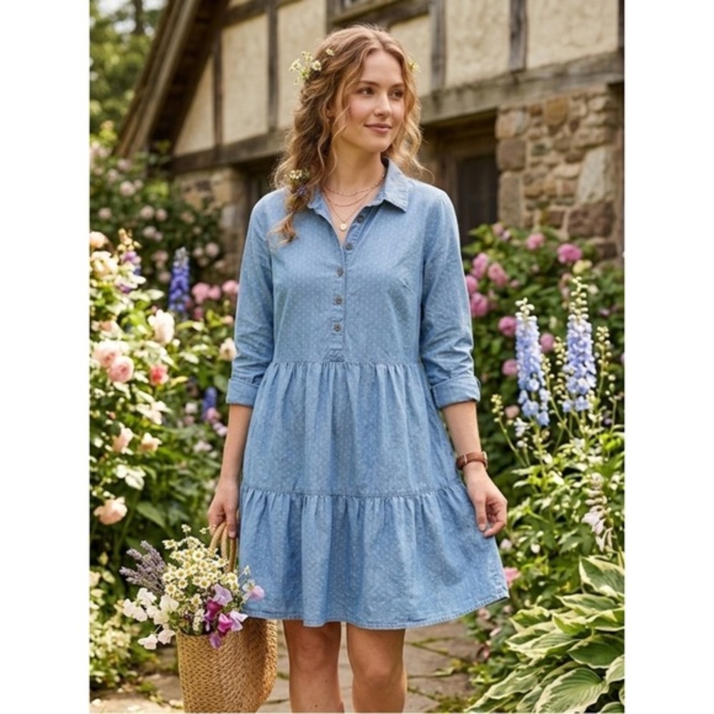 Falls Creek Cotton Chambray Dobby Dot Tiered Shirt Dress M Cottagecore Prairie